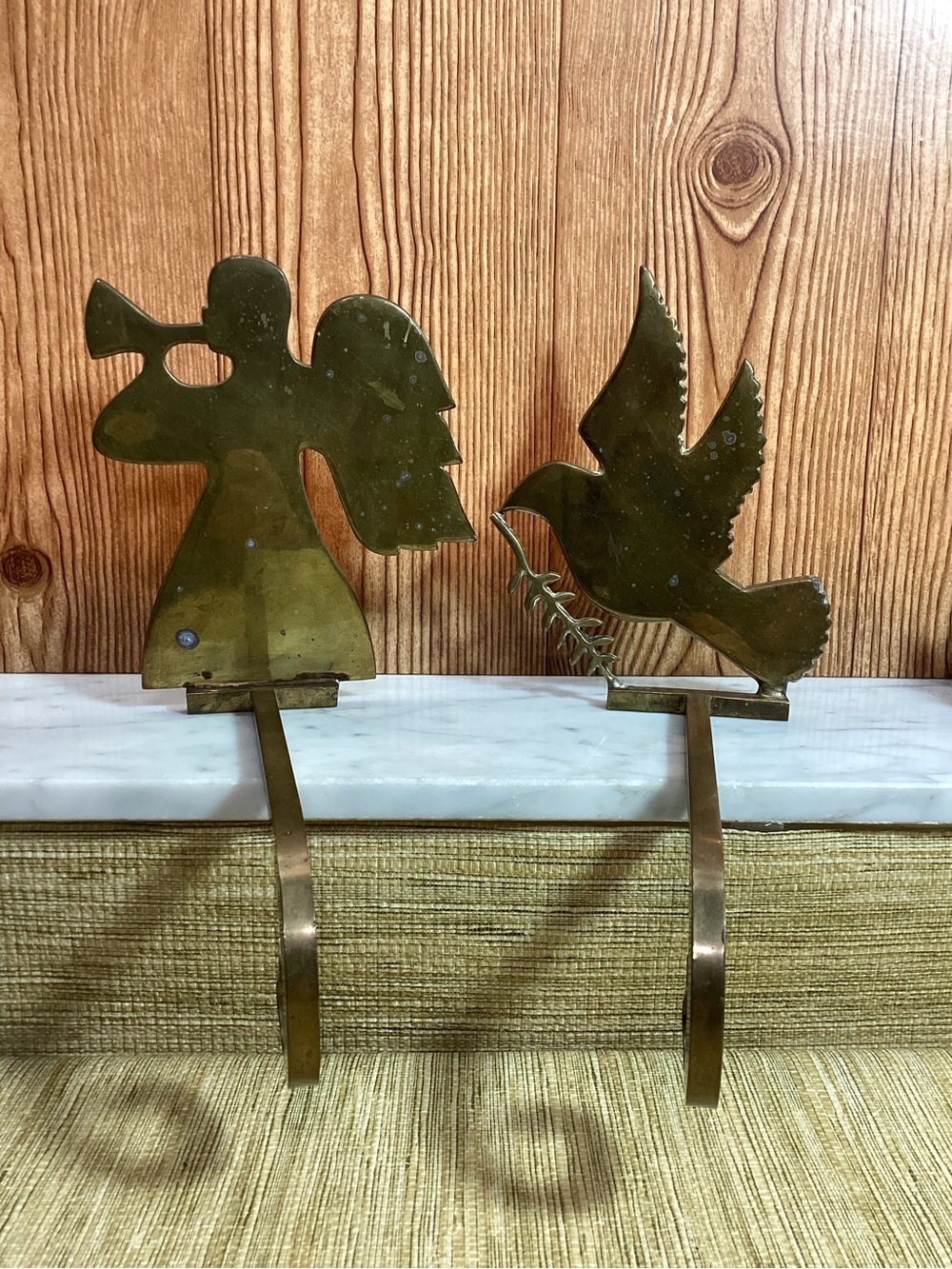 Vintage Brass Angel and Dove Fireplace Hooks - Rare Solid Brass
